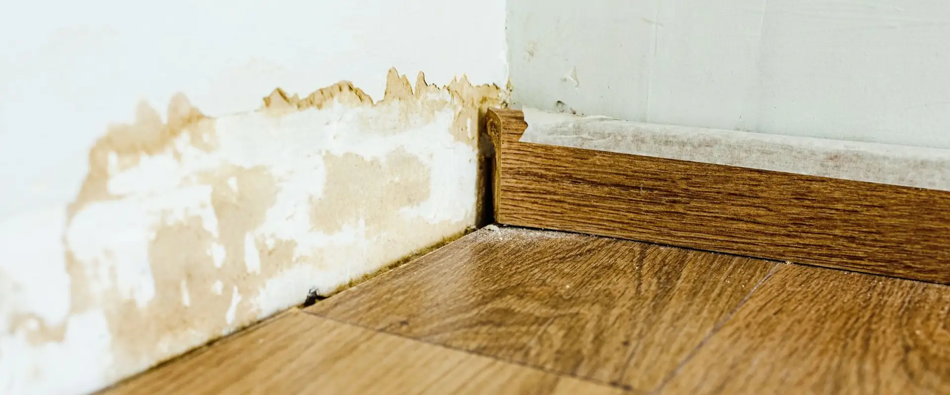 Water stain on a wall above a wood floor and baseboard