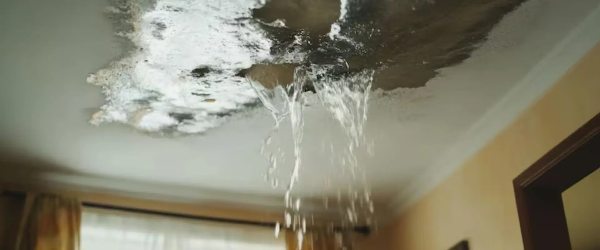 Water leaking through a stained living room ceiling
