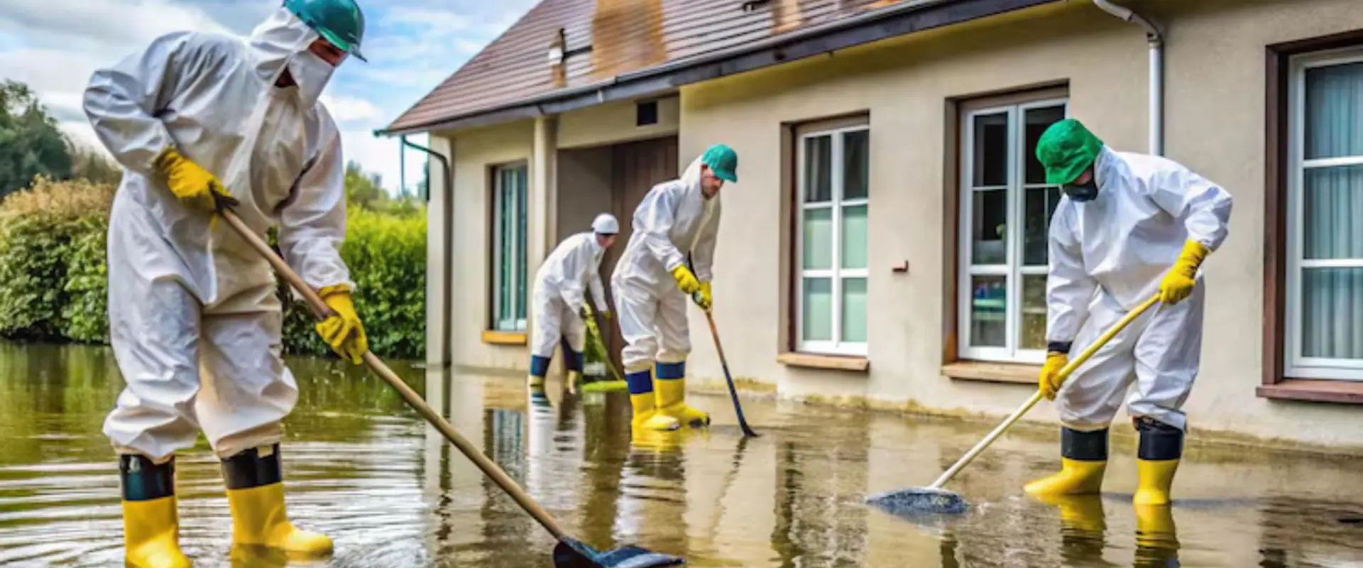 Crew in protective suits and boots clearing floodwater outside a house
