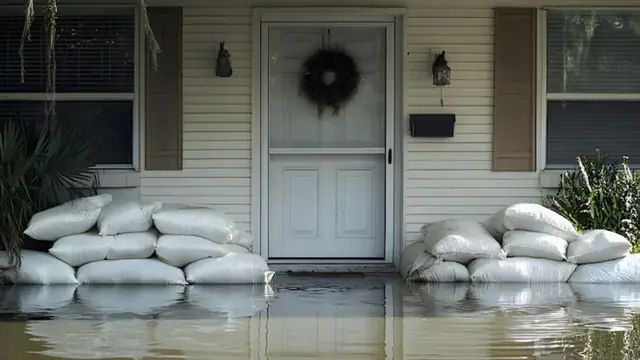Sandbags stacked at a front door with floodwater outside