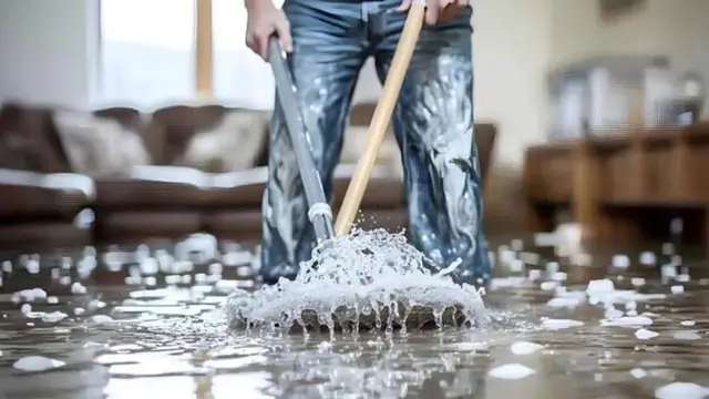 Person mopping soapy water on a living room floor