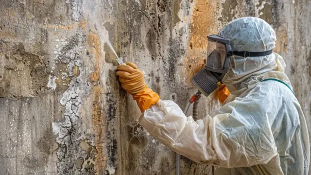 Technician in a respirator treating a mold covered wall