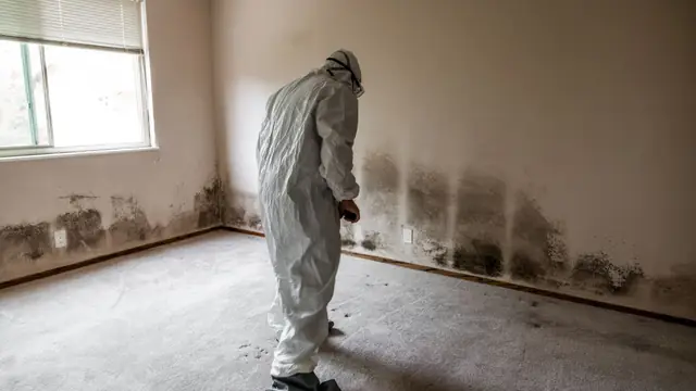 Person in a protective suit in a room with mold along the baseboards and carpet