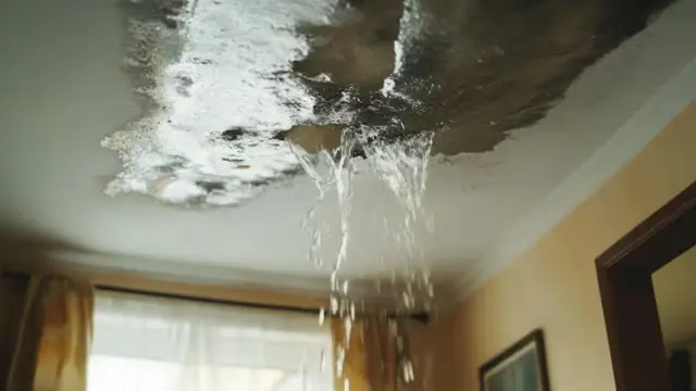 Water leaking through a stained living room ceiling